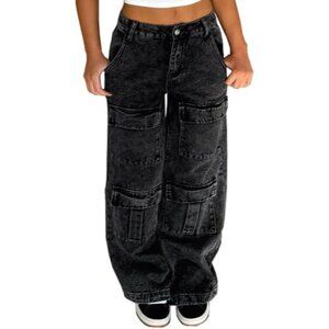 Women's Baggy Cargo Jeans Mid Rise Wide Leg Denim Streetwear Casual